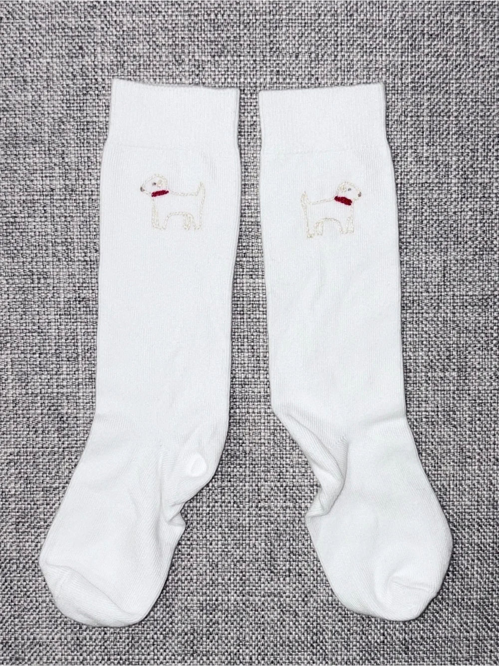 Little English White Knee High Socks with Embroidered Puppy